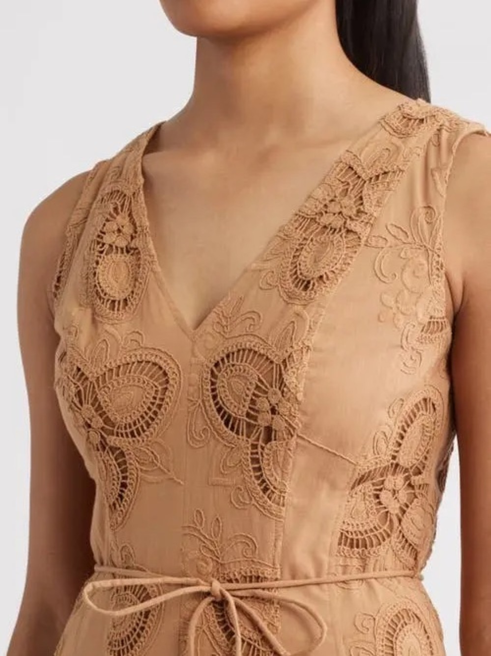 Anne Klein Sleeveless Embroidered Midi Dress in Tan - Picture 3 of 15